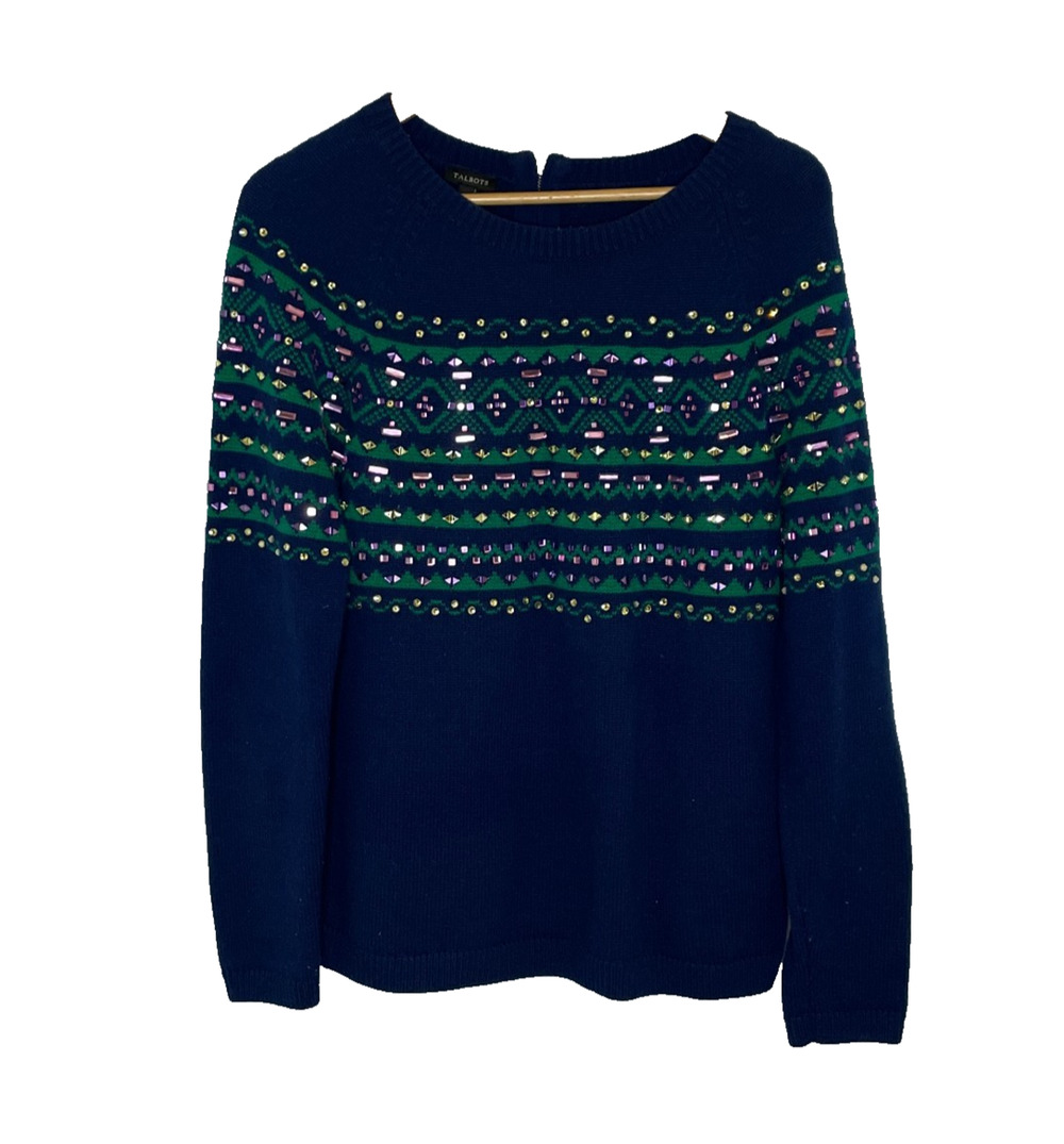 Women's Medium Talbots Wool Blend Fair Isle Jewel Crewneck Sweater